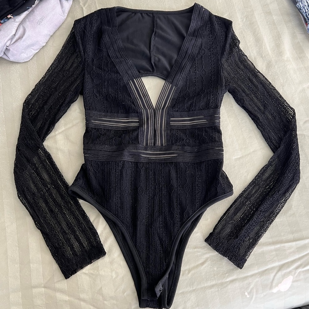 Bodysuit , black, SHEIN, open back, lace
